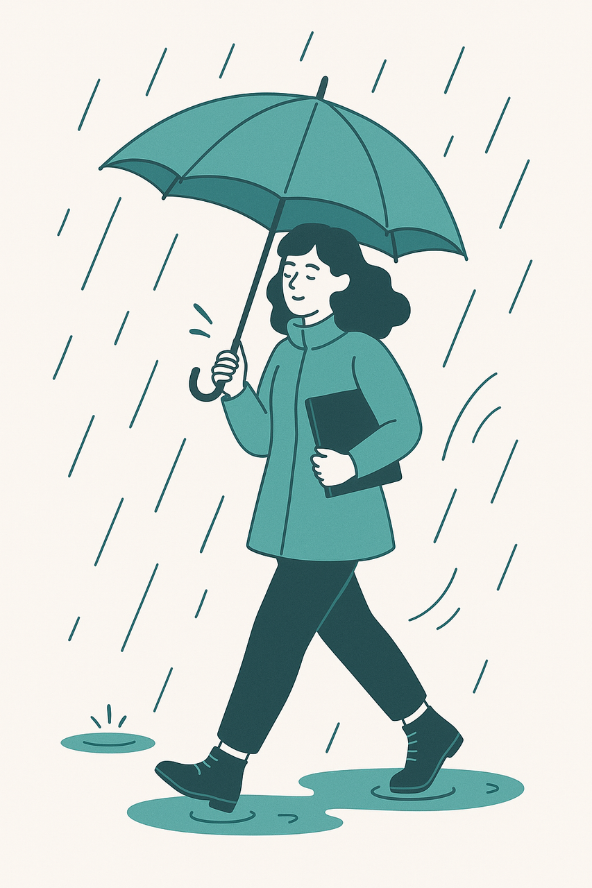 Nova, a mascote da NovaTrust, abrindo guarda-chuva para proteger da chuva de tarefas financeiras