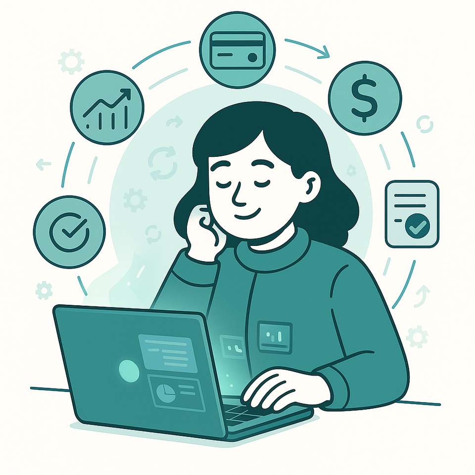 Laptop mostrando sistema de gestão financeira com ícones de finanças