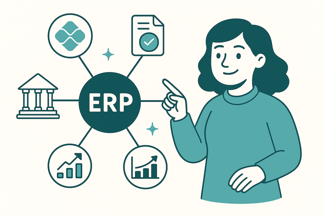 Diagrama de módulos do ERP NovaTrust mostrando integrações e expansões futuras
